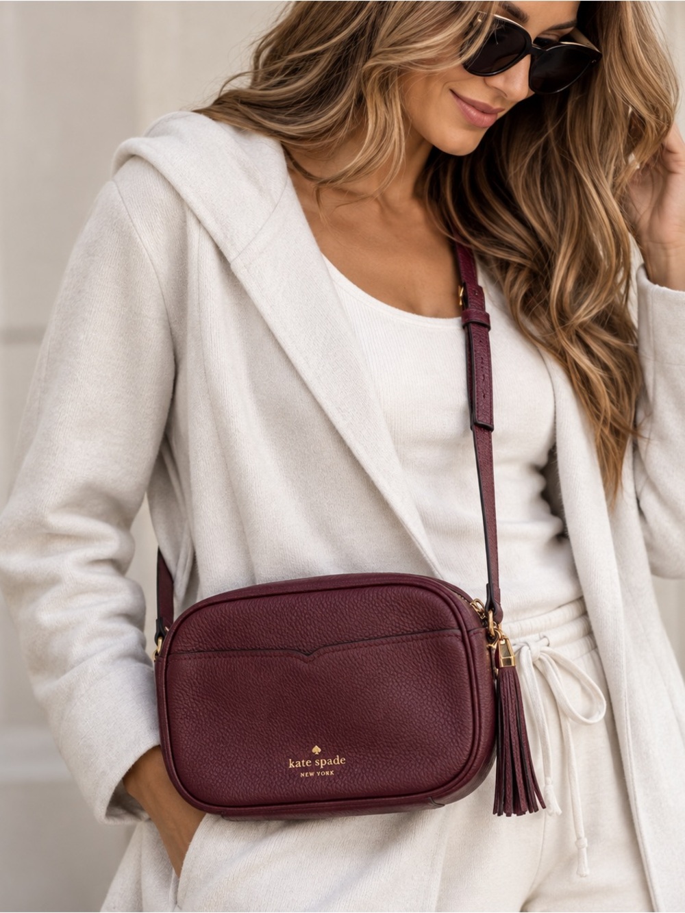 Kate Spade Kourtney Camera Crossbody Cherrywood Burgundy Pebbled Leather Tassel